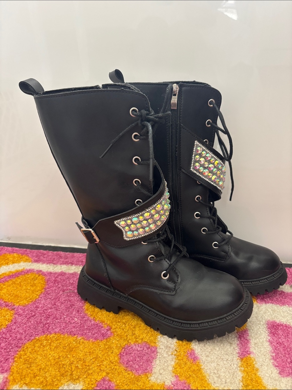 Black Women's / Girl’s Lace-Up Combat Boots with Jeweled Strap